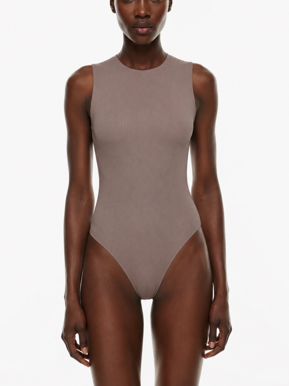 Aritzia Babaton Ribbed Taupe Bodysuit Small Thong Back Contour Tank